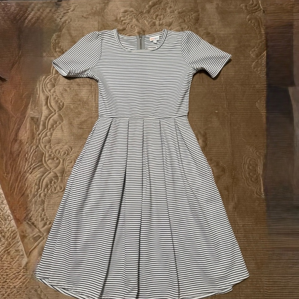 LuLaRoe Gray and White Pleated A-Line Dress